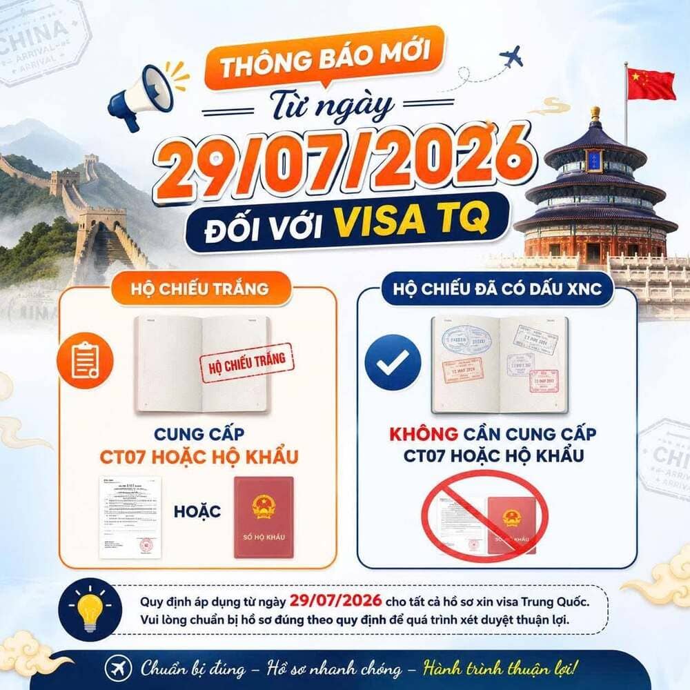 Quy Định Hồ Sơ Visa Trung Quốc Mới Từ Ngày 29/07/2026